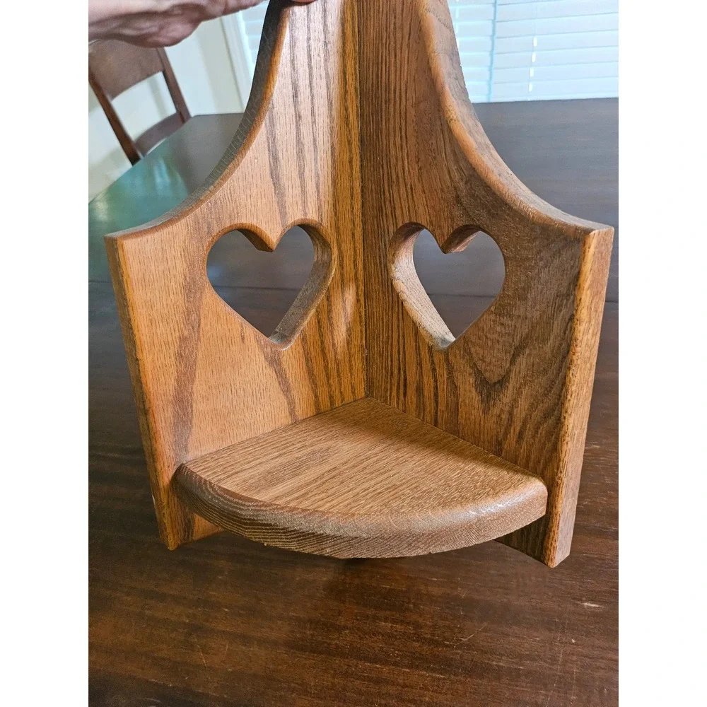 Vintage Corner Wall Shelf Home Decor Brown Oak Wood Heart Cutout Farmhouse